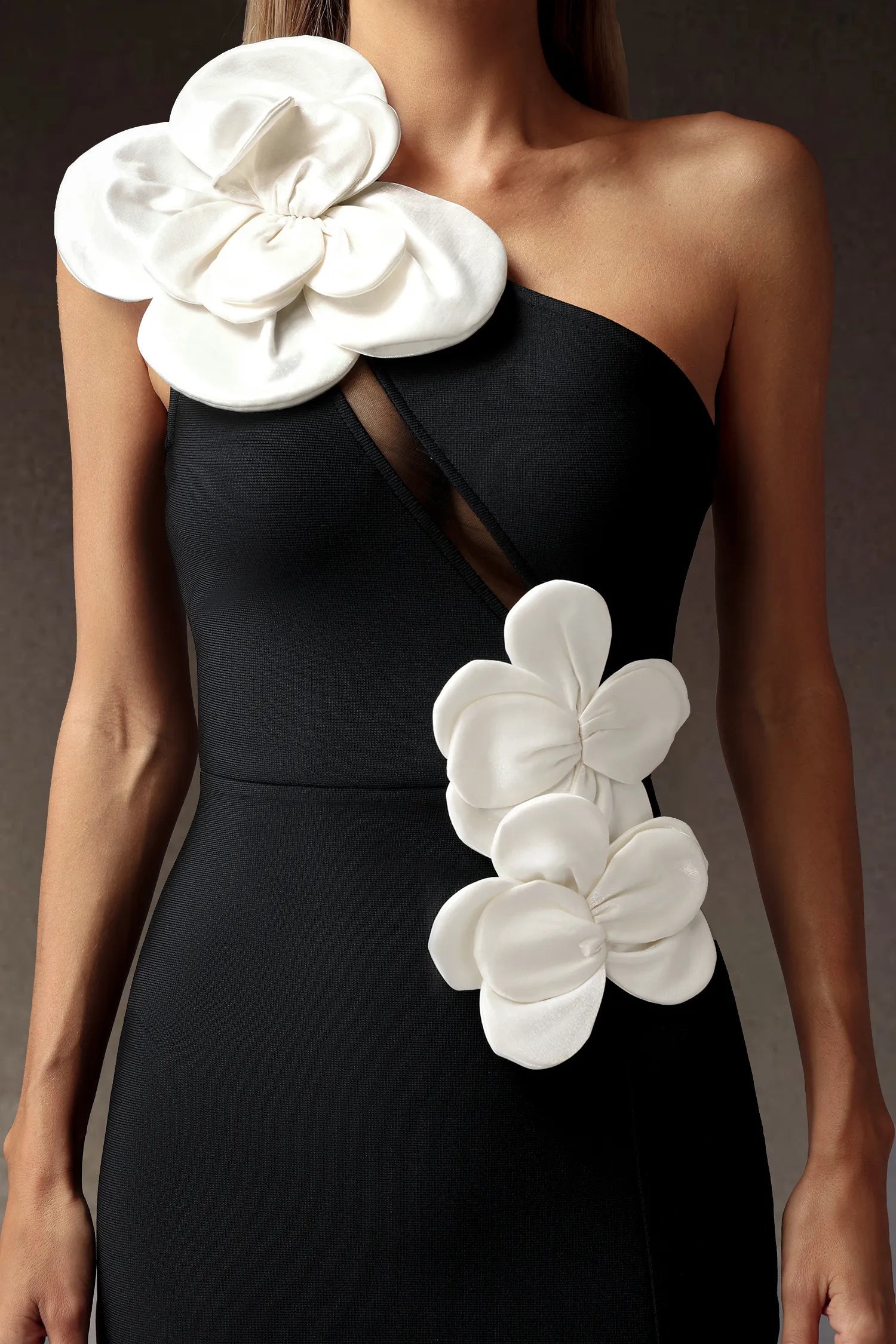 Black Sequin Flowers One Shoulder Bandage Maxi Dress