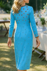 Square Neck Floral Beading Embroidery Maxi Dress in Sky Blue