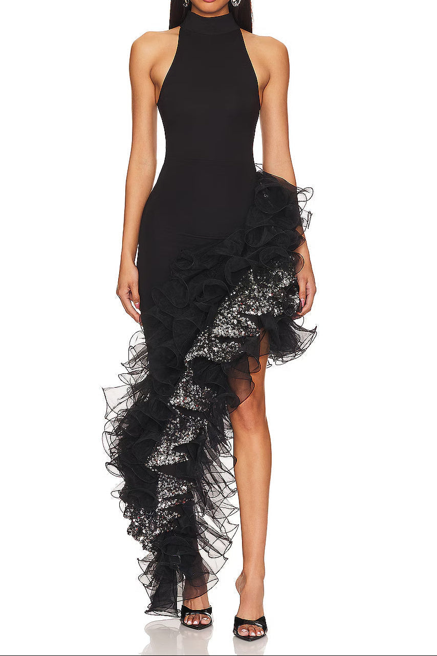 Halter Sleeveless Sequin Ruffle Trim Maxi Dress in Black