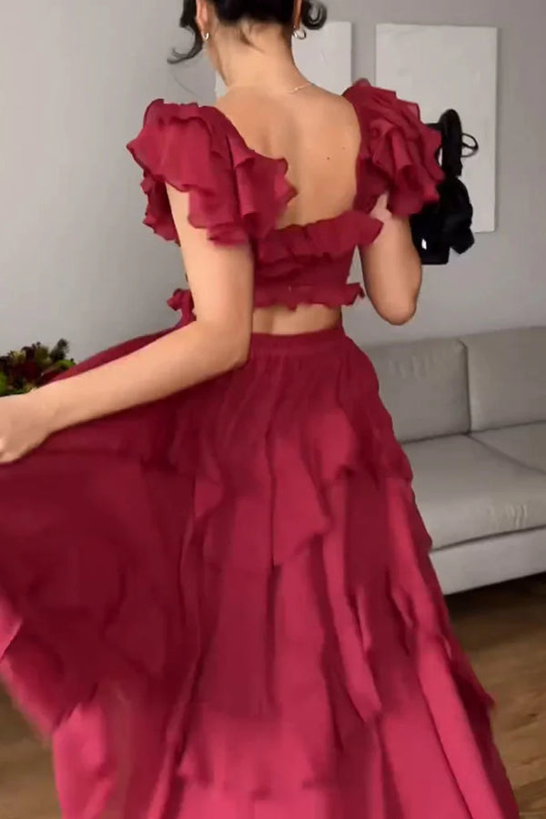 Square Neck Ruffle Sleeves Backless Dress