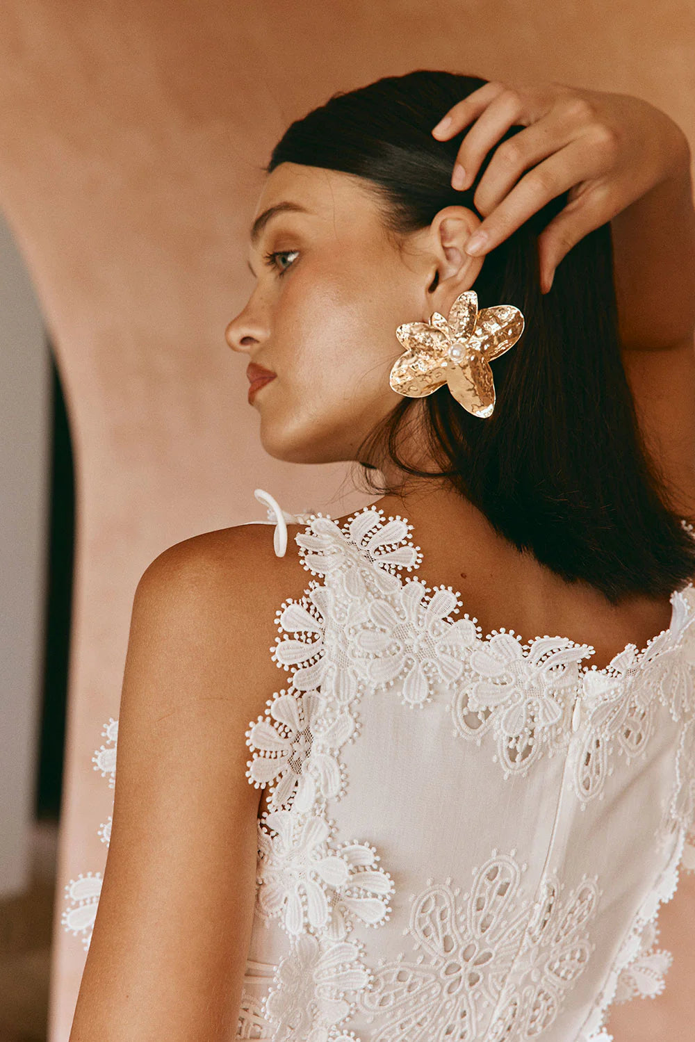 Lace Trim Embroidery Hollow Midi Dress in White