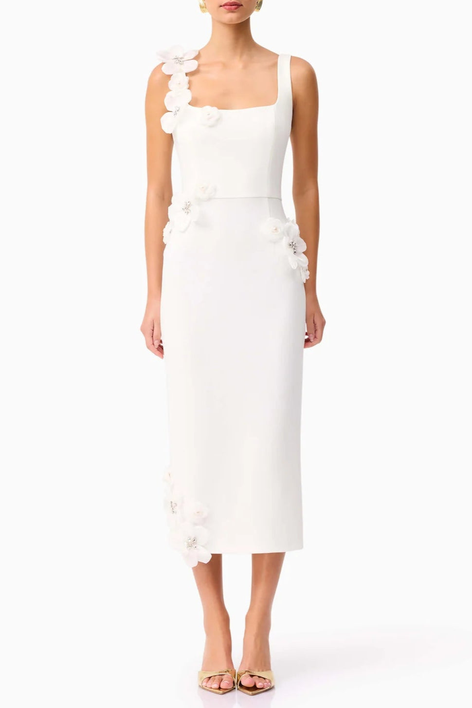 3D Flower Midi Dress in White