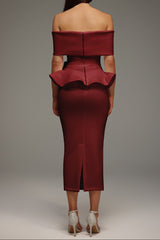 Off The Shoulder Ruffled Edge Red Midi Dress