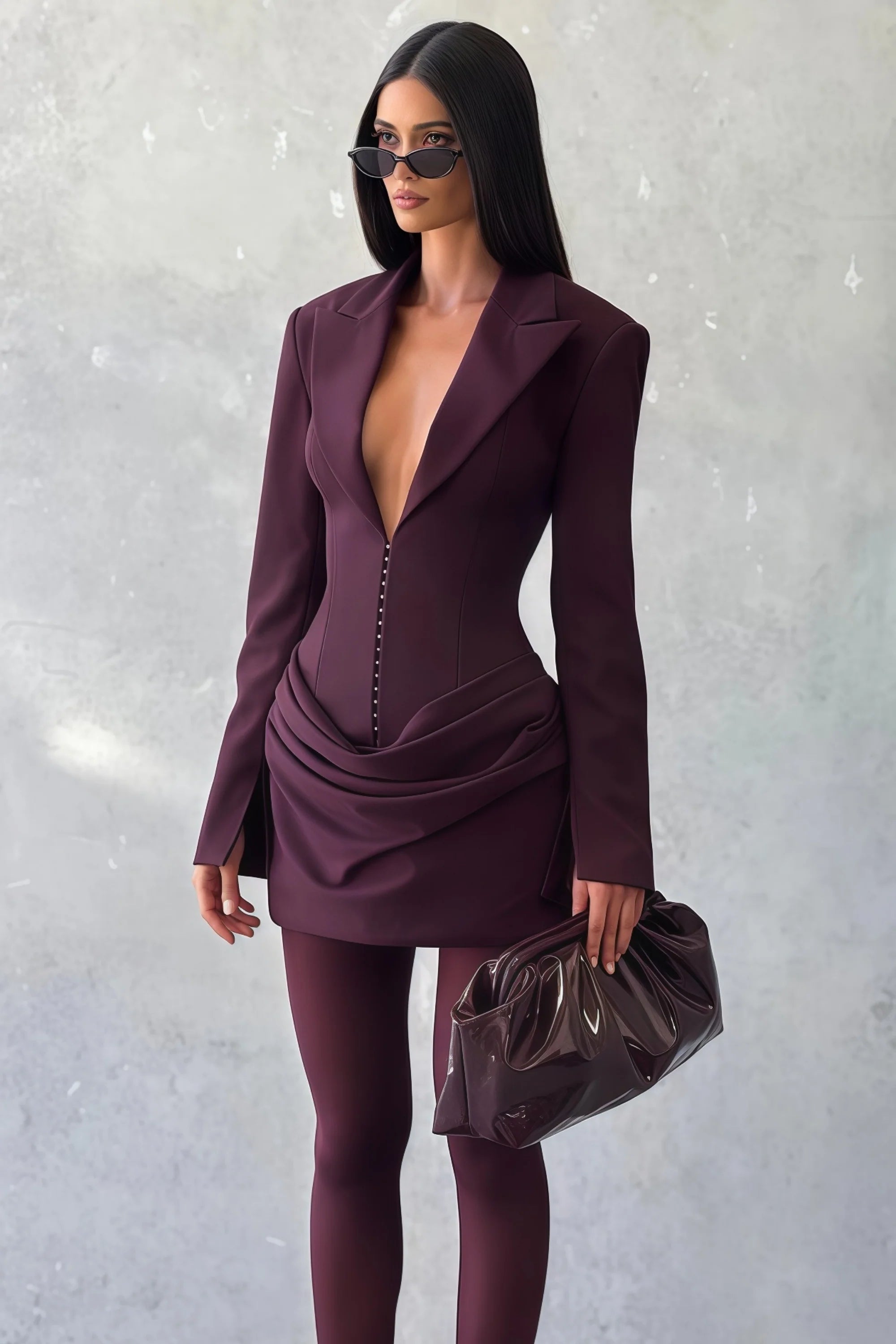 V-Neck Ruched Blazer Mini Dress in Wine Red