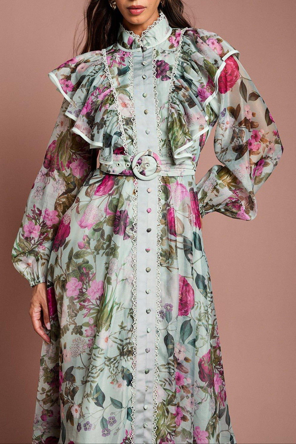 Green Long Sleeve Printed Organza Shirt Midi Dress
