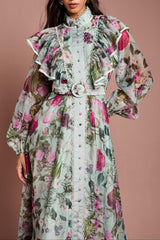Green Long Sleeve Printed Organza Shirt Midi Dress