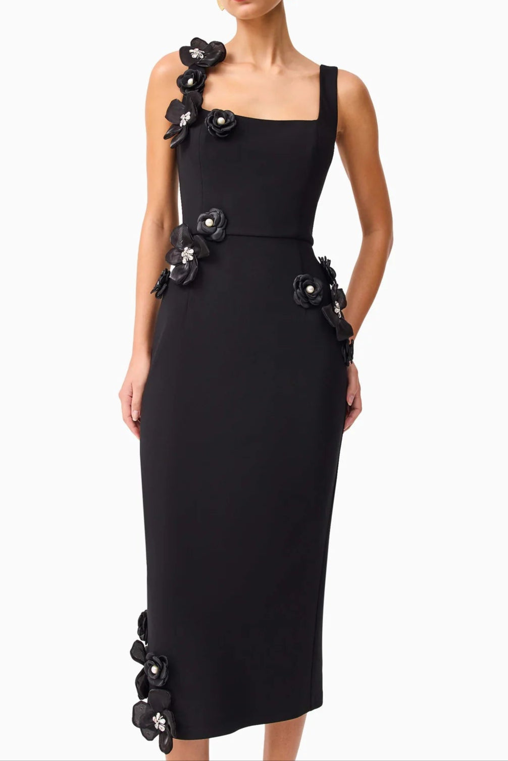 3D Flower Midi Dress in Black