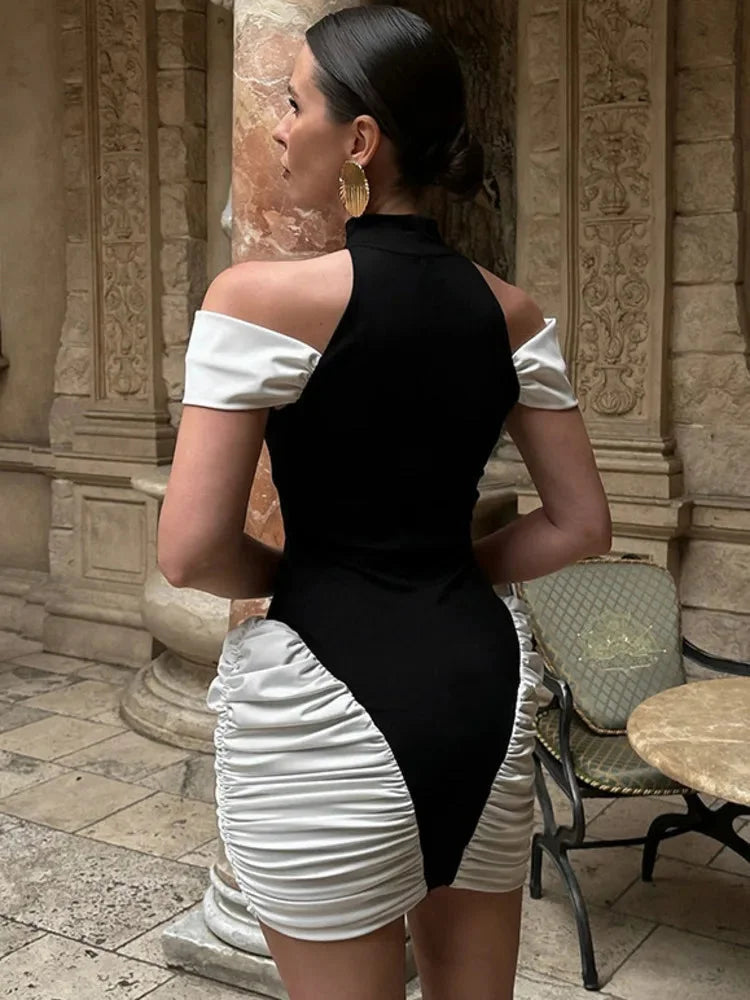 Black-White Sleeveless Halter Mini Dress