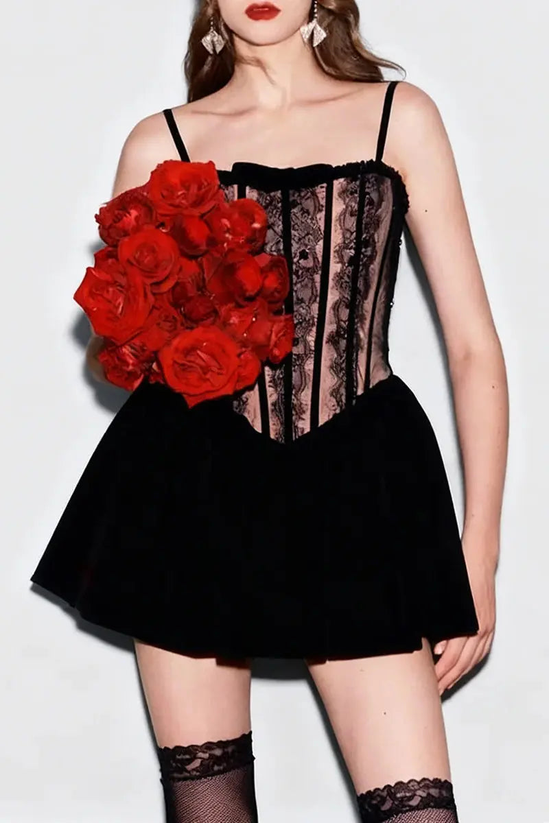 Black Corset Lace Flare Mini Dress