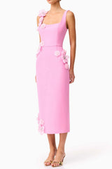 3D Flower Midi Dress in Pink