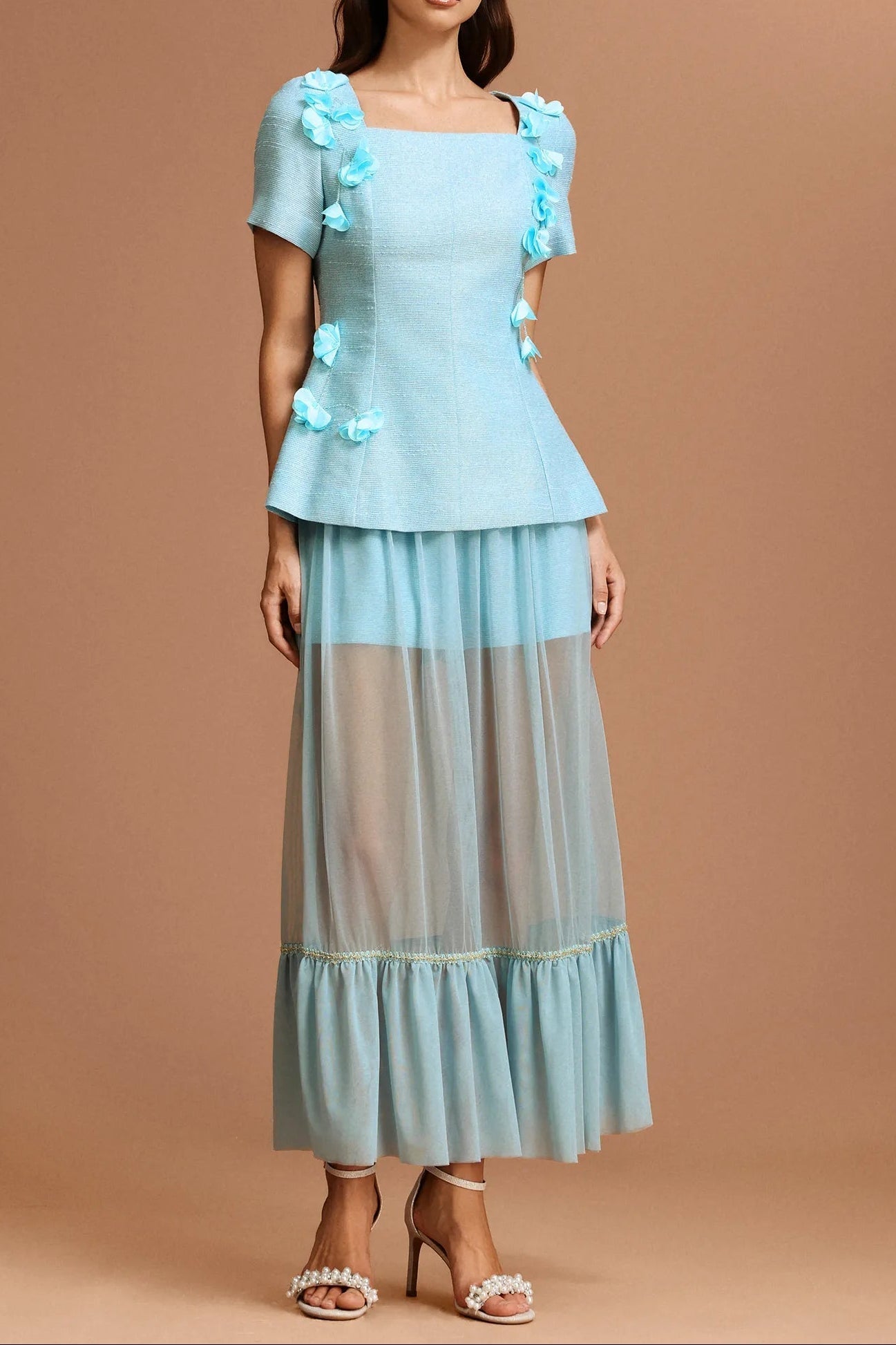 Blue Short Sleeves Flowers Folds Top and Skirt Two-Piece Set