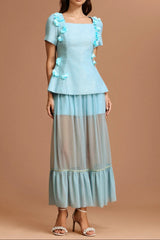 Blue Short Sleeves Flowers Folds Top and Skirt Two-Piece Set