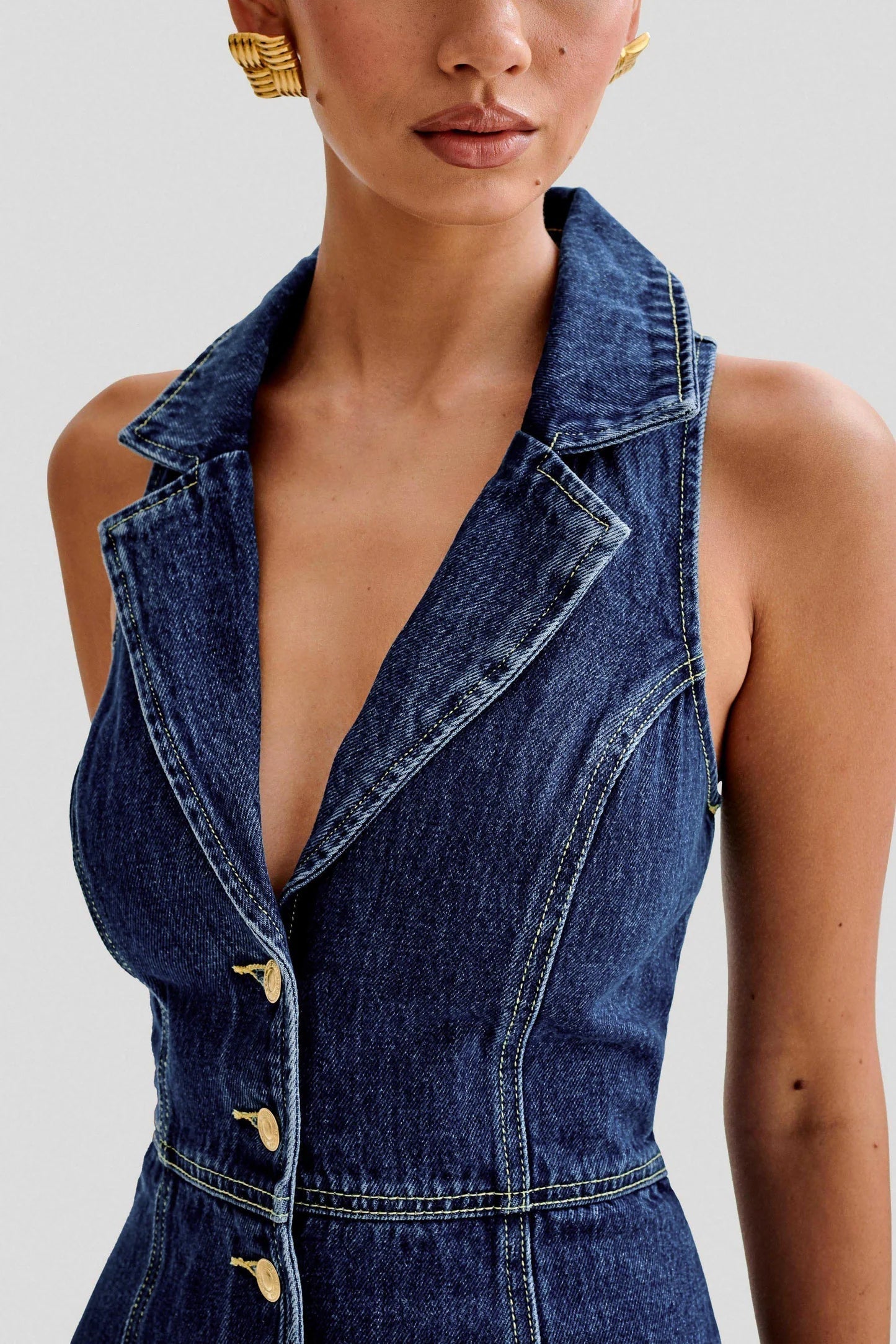 Collared Denim Mini Dress - Dark Blue