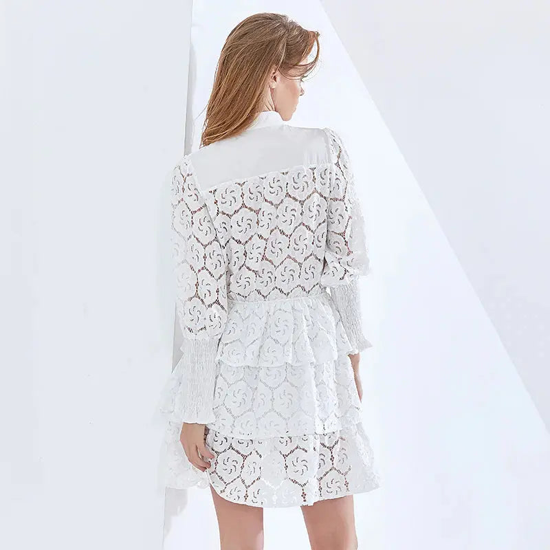 Long Sleeves Layered Lace Mini Dress in white