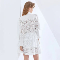 Long Sleeves Layered Lace Mini Dress in white