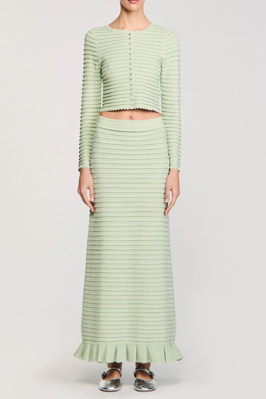 Rhinestone Knit Maxi Skirt in Almond Green