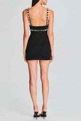 V-Neck Rhinestone Embellished Stretch Bodycon Mini Dress in Black