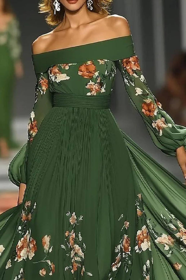 Floral Print Off-shoulder Fitted Waist Maxi Dress