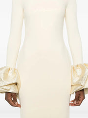 White Ruffled Crystal-Embellished crepe Mock-Neck Gown