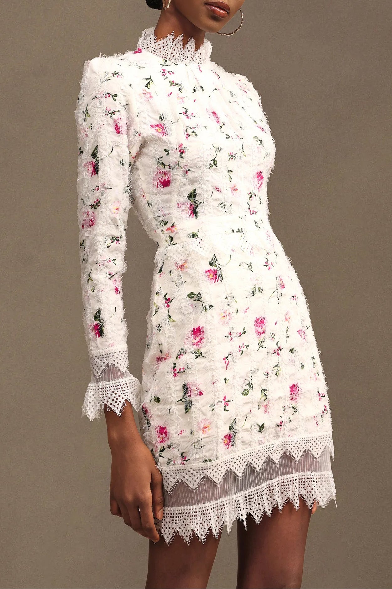 Lace-Trim Long-Sleeve Floral Midi Dress in White