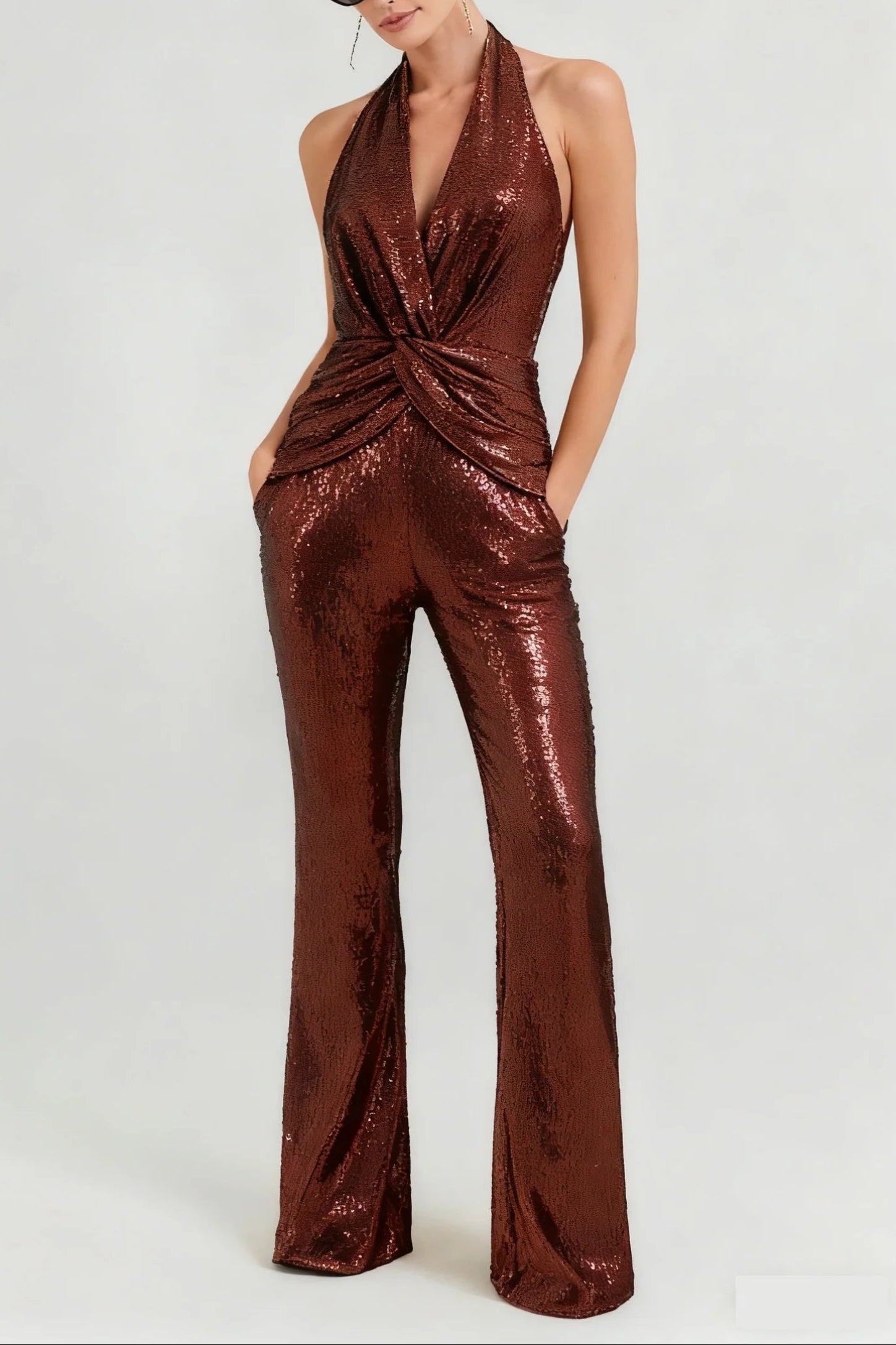 Brown Sequin Deep V High Waist Jumpsuit