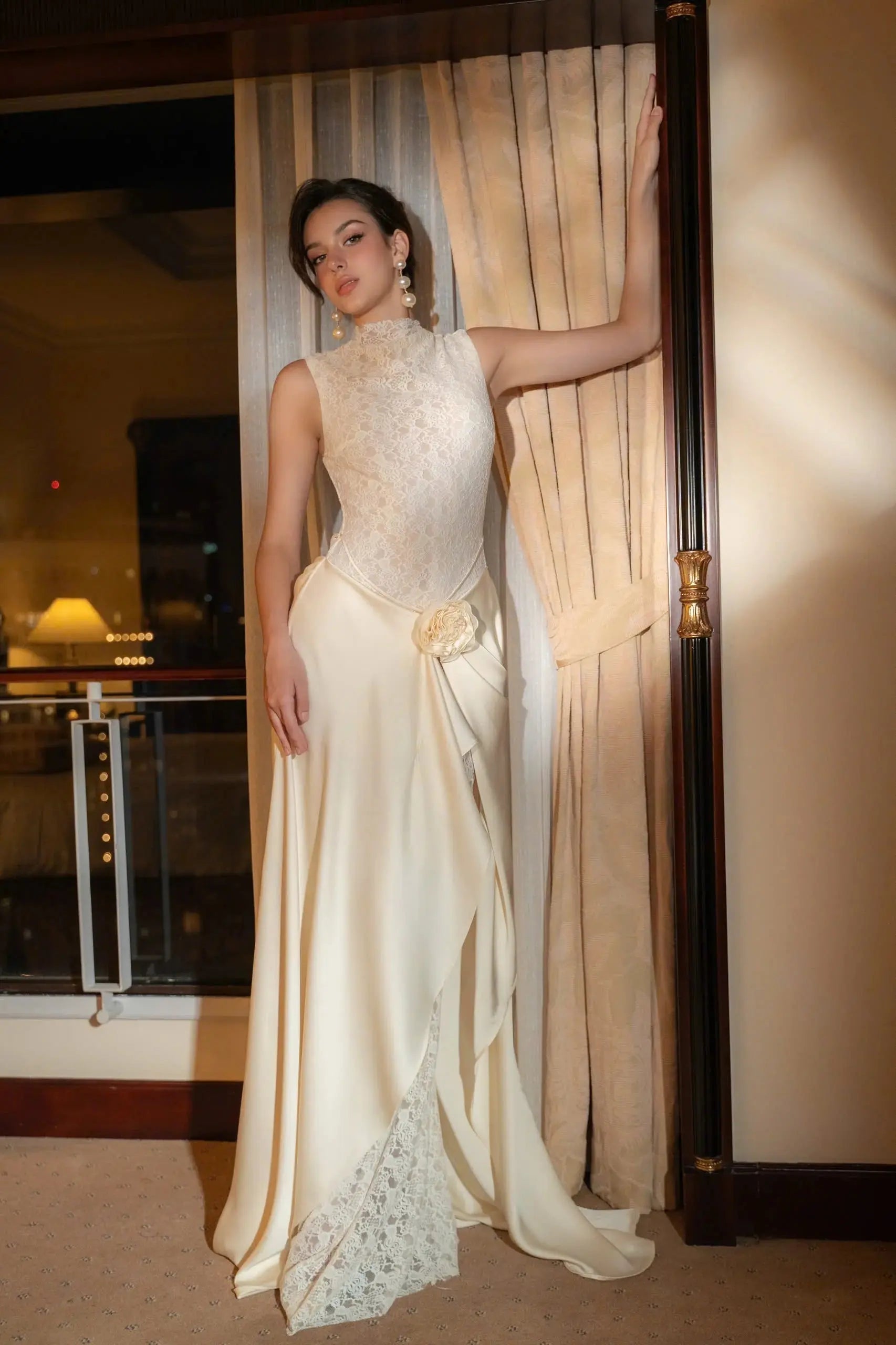 Flower Embellished Sleeveless Lace Maxi Dress in White