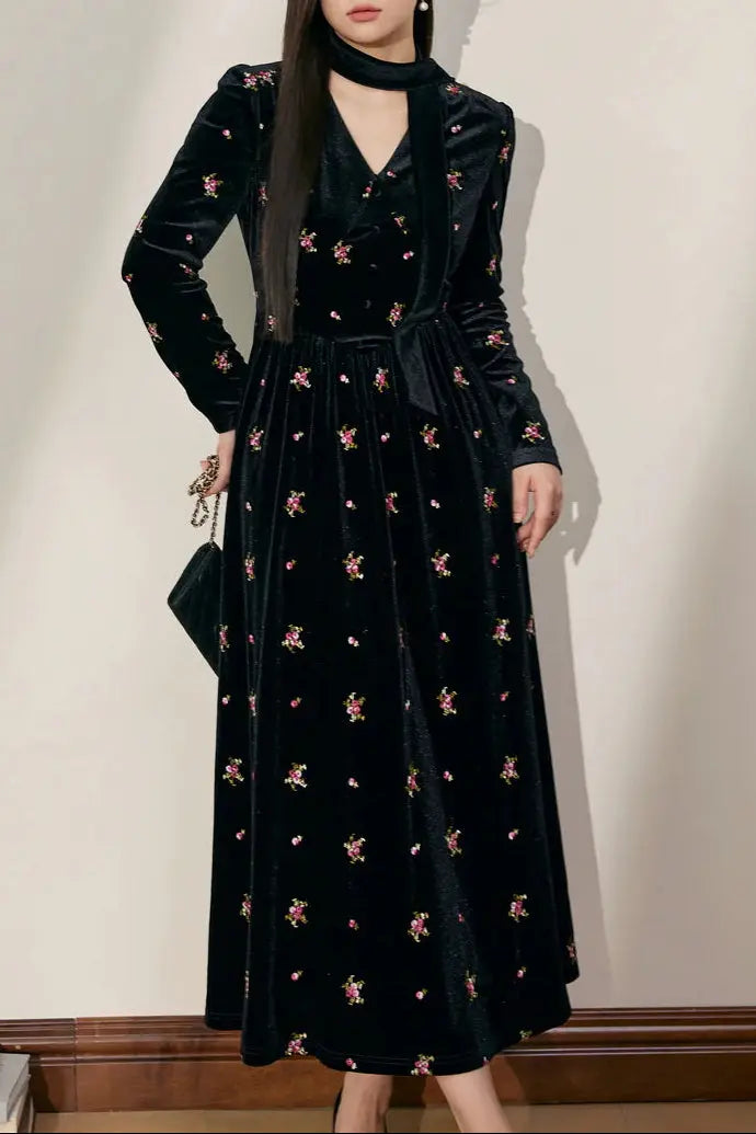 V-Neck Floral Embroidered Maxi Dress in black