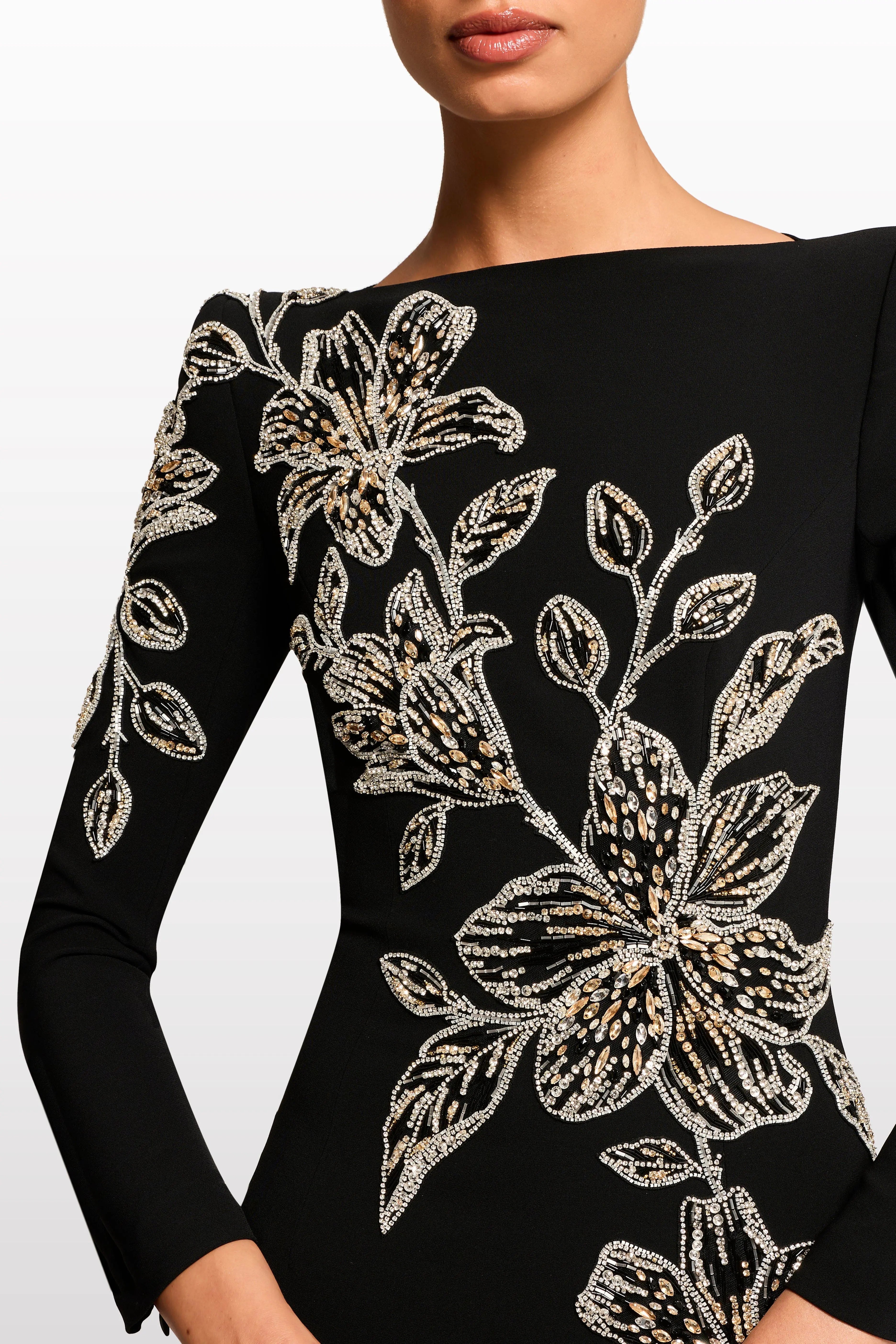 Rhinestone Orchid Floral-Embellished Maxi Dress in black