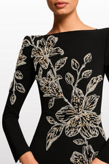 Rhinestone Orchid Floral-Embellished Maxi Dress in black