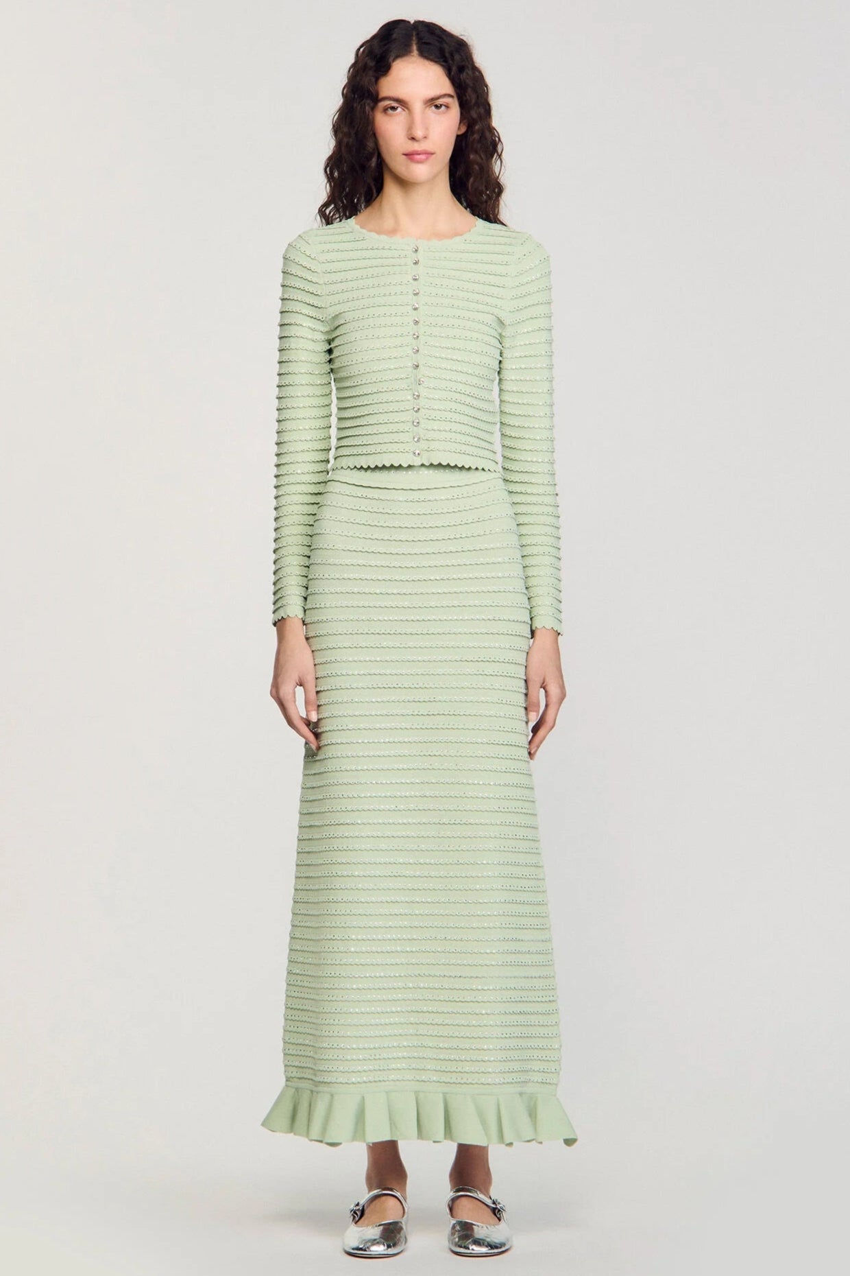 Rhinestone Knit Maxi Skirt in Almond Green