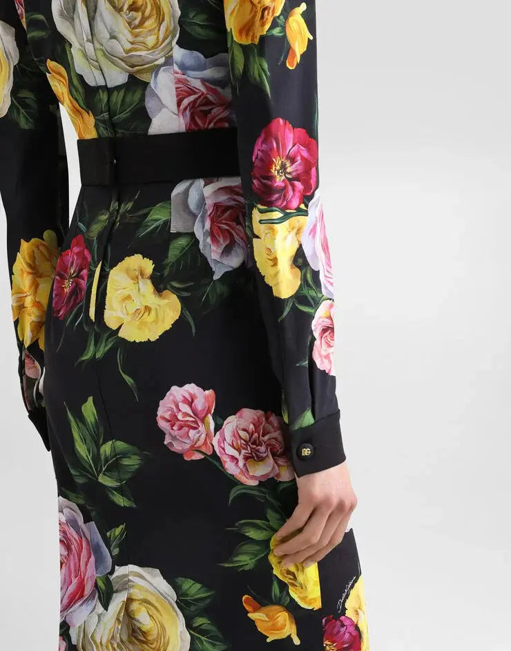 Rose Print Shirt Midi Dress in Black