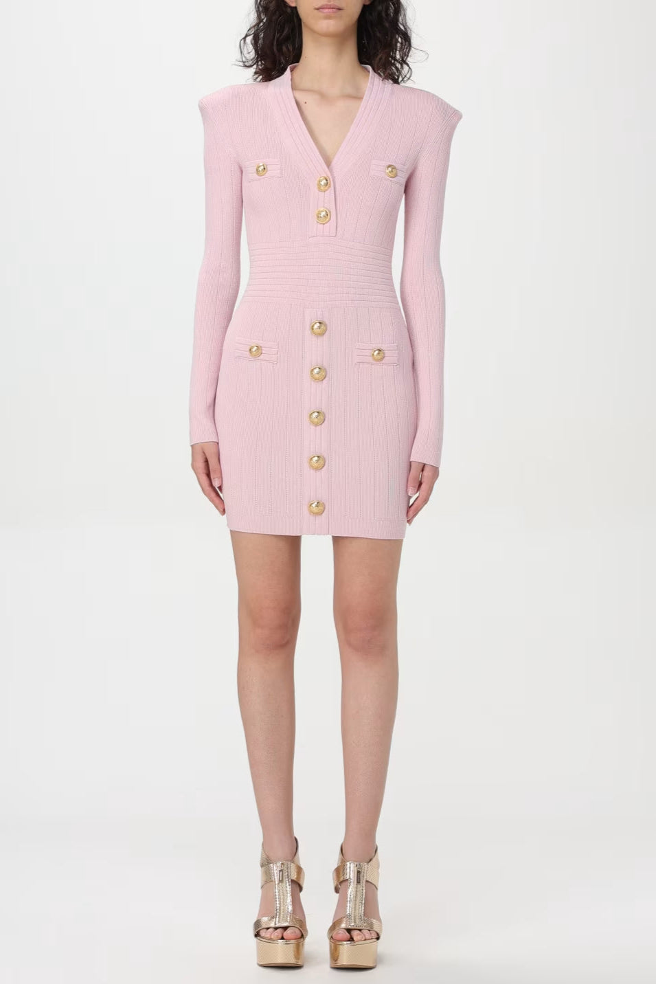 V-Neck Metal Button Knitted Mini Dress in Pink