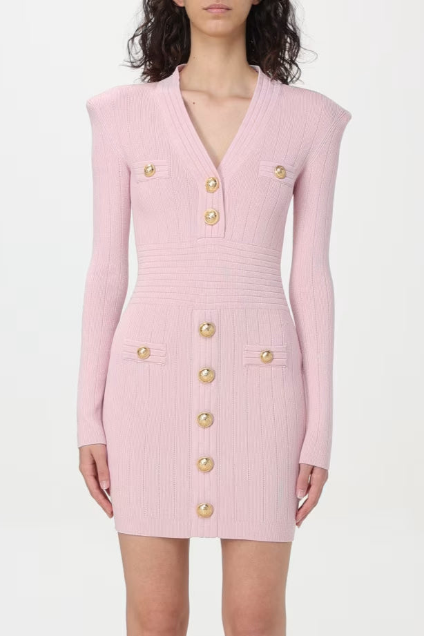 V-Neck Metal Button Knitted Mini Dress in Pink