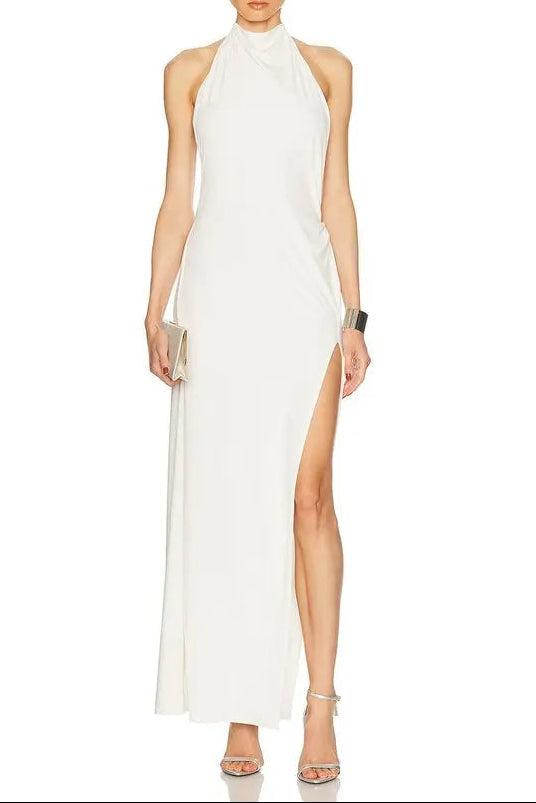 Halter Backless High Diamond Maxi Dress in White
