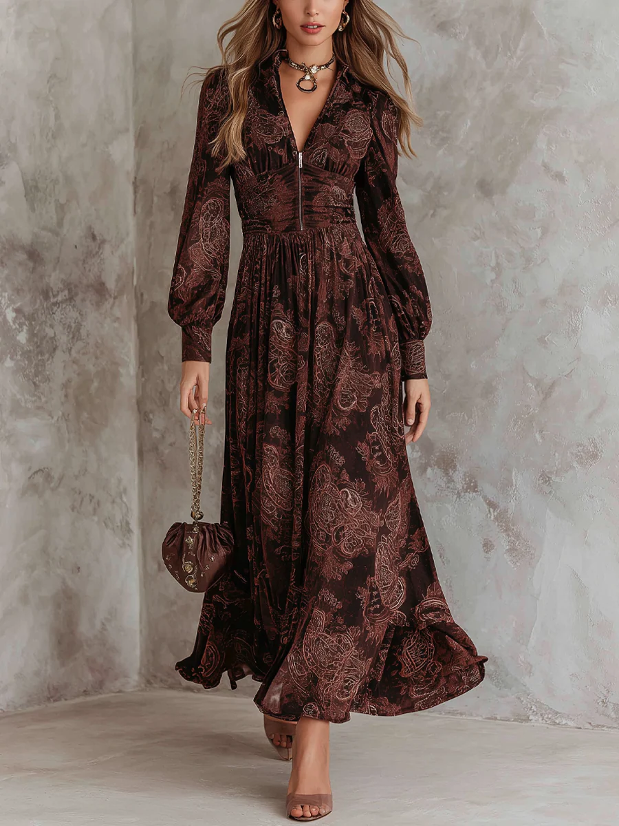 Brown Zippered Waist Maxi Dress