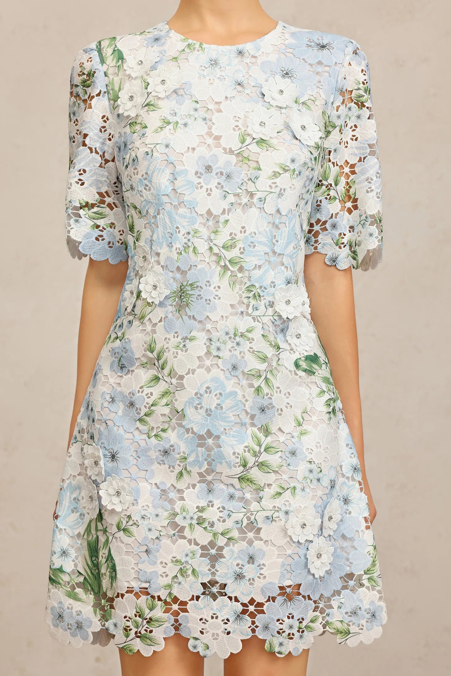 Floral Printed Lace Mini Dress in Sky Blue