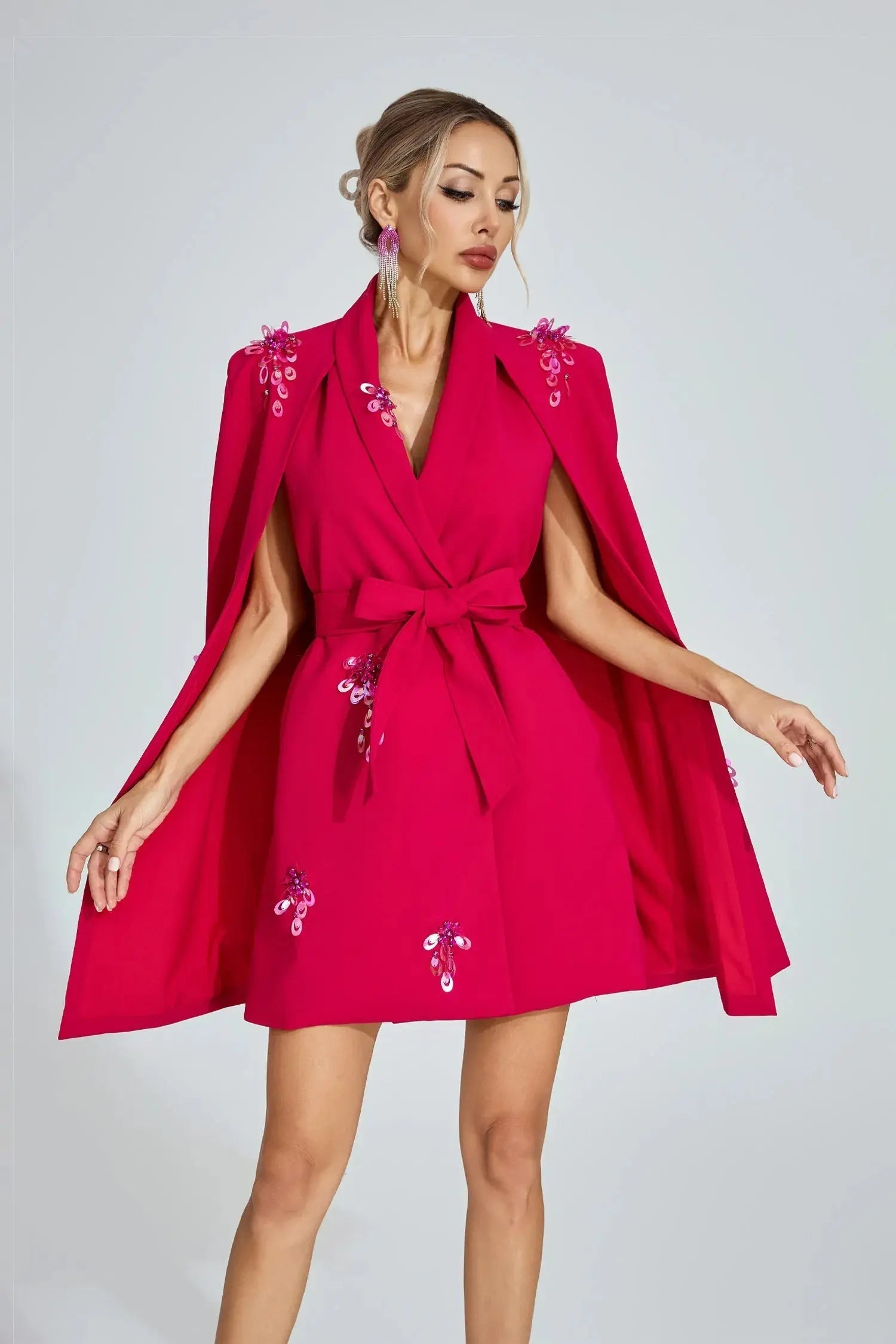 Rose Red Cape-Sleeve Blazer Mini Dress