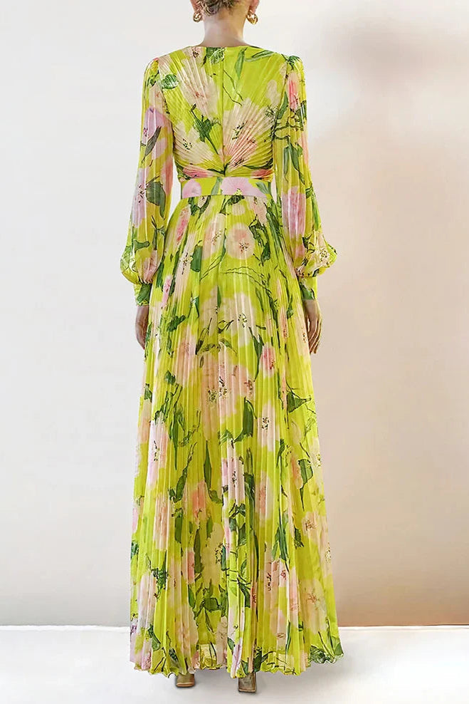 V-Neck Silk Printed Maxi Dress in Yellow