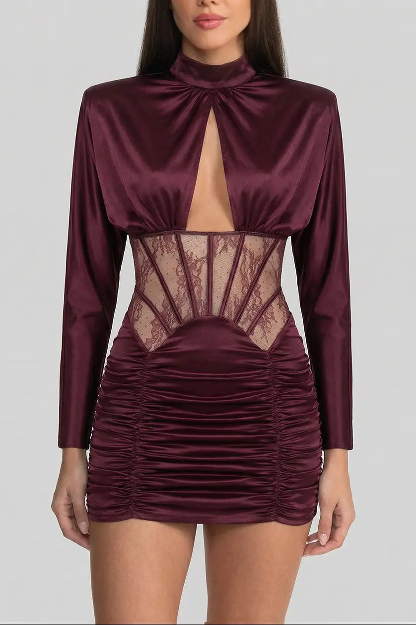 Satin Mini Dress with Lace Corset Insert â€?Burgundy