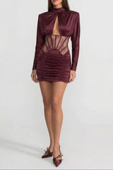 Satin Mini Dress with Lace Corset Insert â€?Burgundy