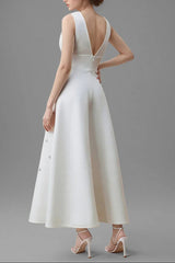 Diamond V-Neck Midi Dress in White