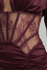 Satin Mini Dress with Lace Corset Insert â€?Burgundy
