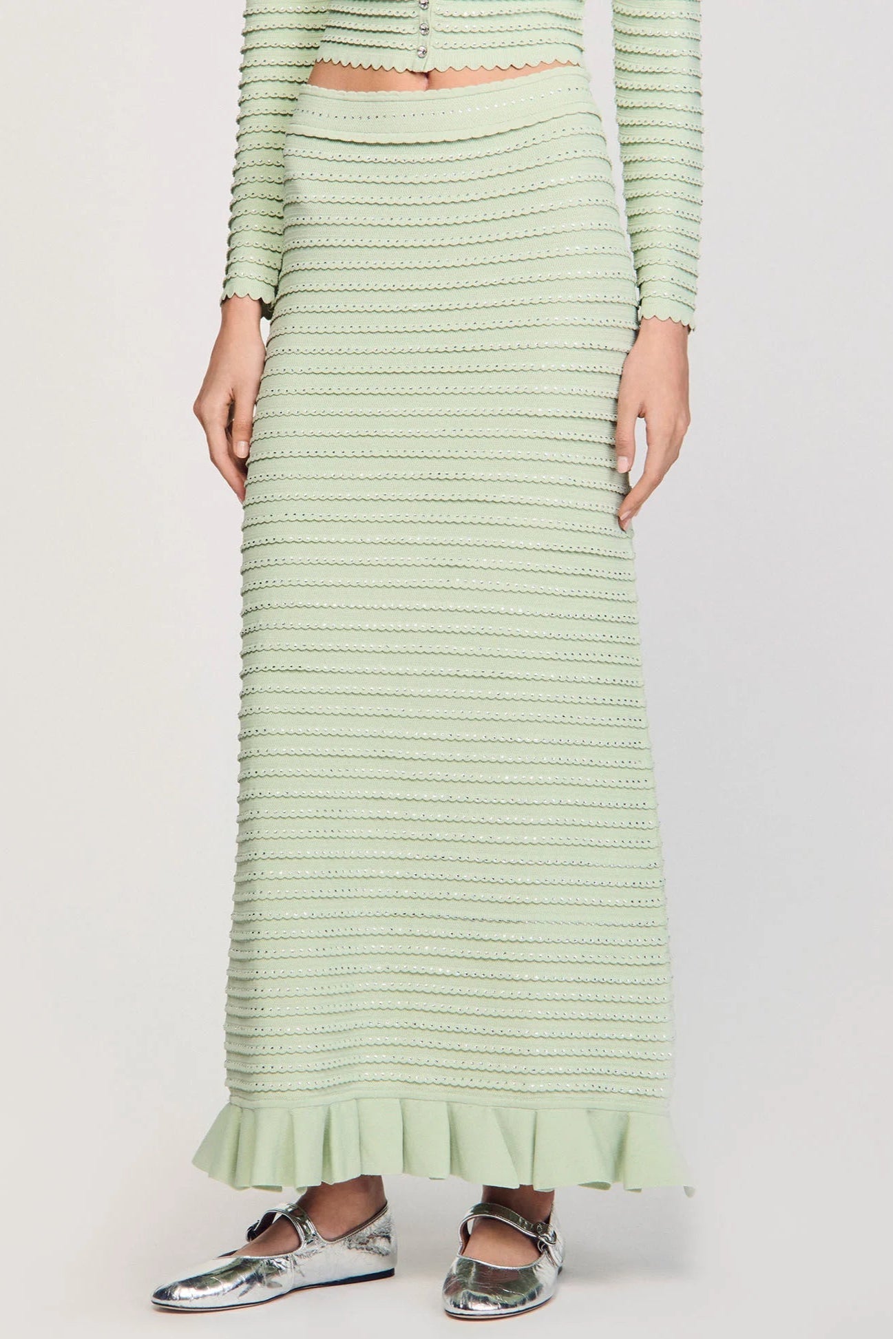 Rhinestone Knit Maxi Skirt in Almond Green