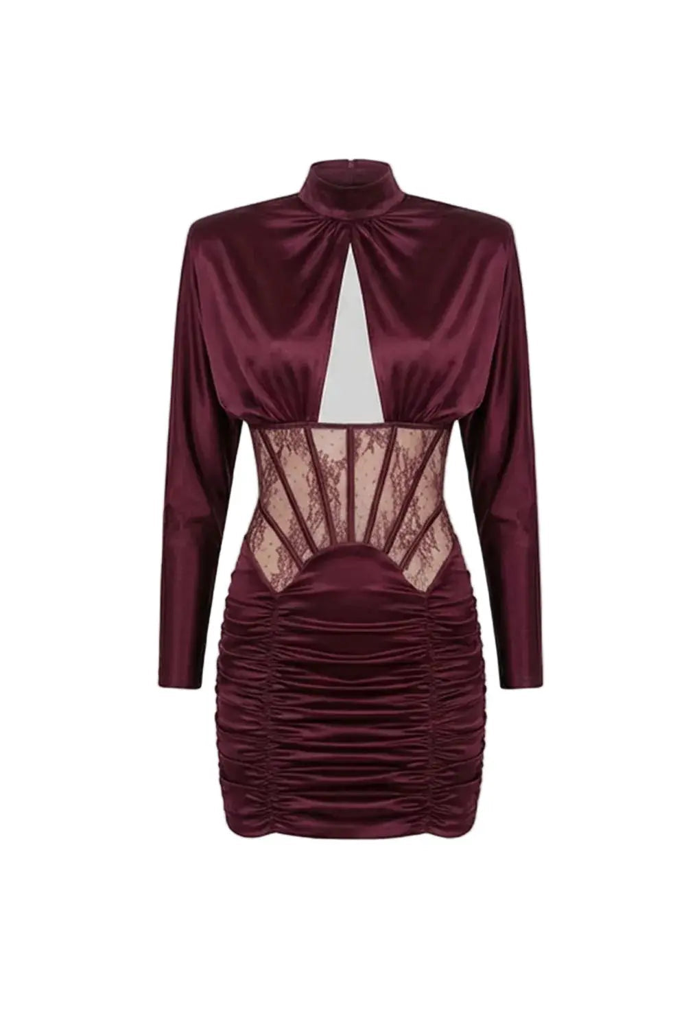 Satin Mini Dress with Lace Corset Insert â€?Burgundy