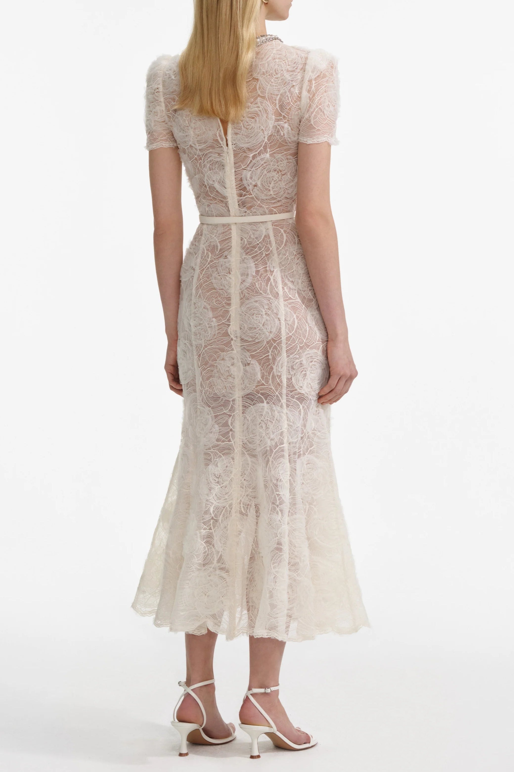 Lace Diamante Midi Dress in Beige