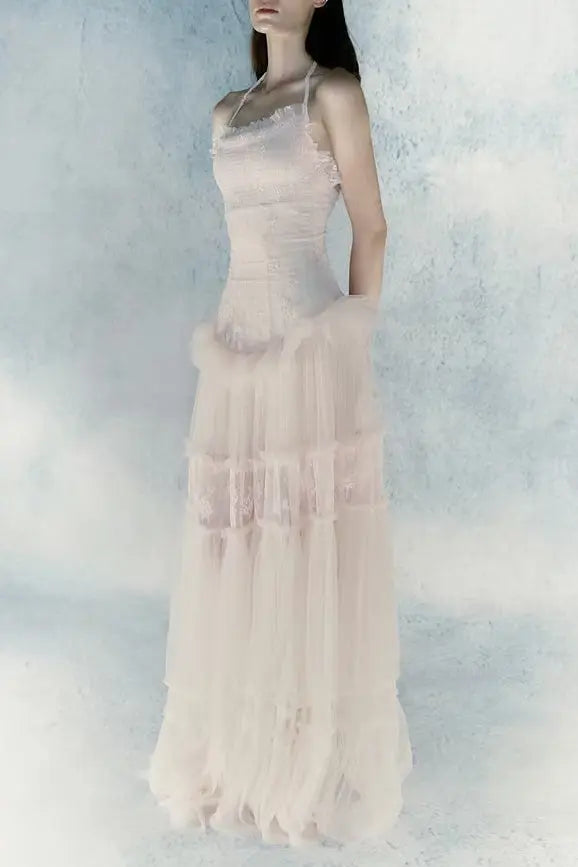 Lace Splicing Maxi Dress in Pink