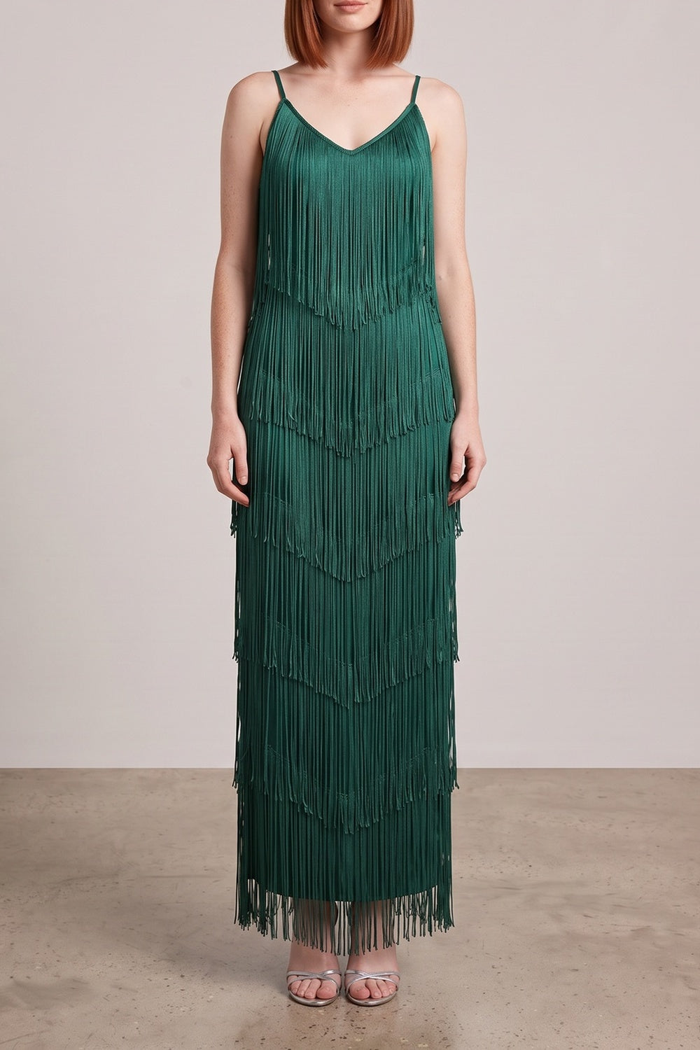 Strap V-Neck Layered Fringe Maxi Dress