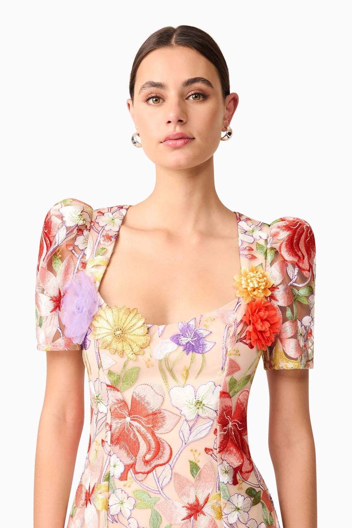 Square Neck Backless Mesh Embroidered Maxi Dress