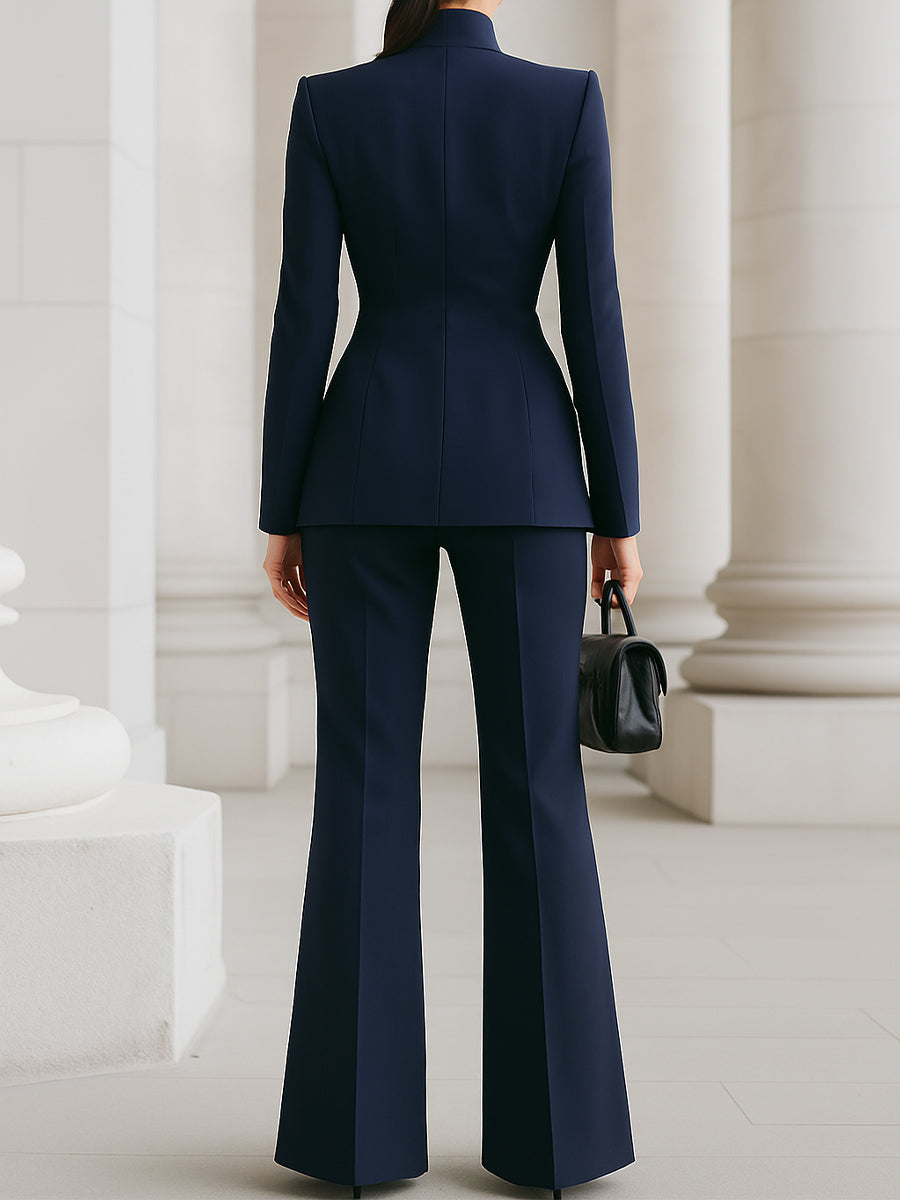 High-Collar Blazer & Wide-Leg Trousers Set