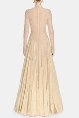 Beige Mesh Long Sleeve Slim Maxi Dress